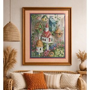 Vintage Home Interiors & Gifts Framed Picture "Birdhouses" 22.5x18" Wall Art